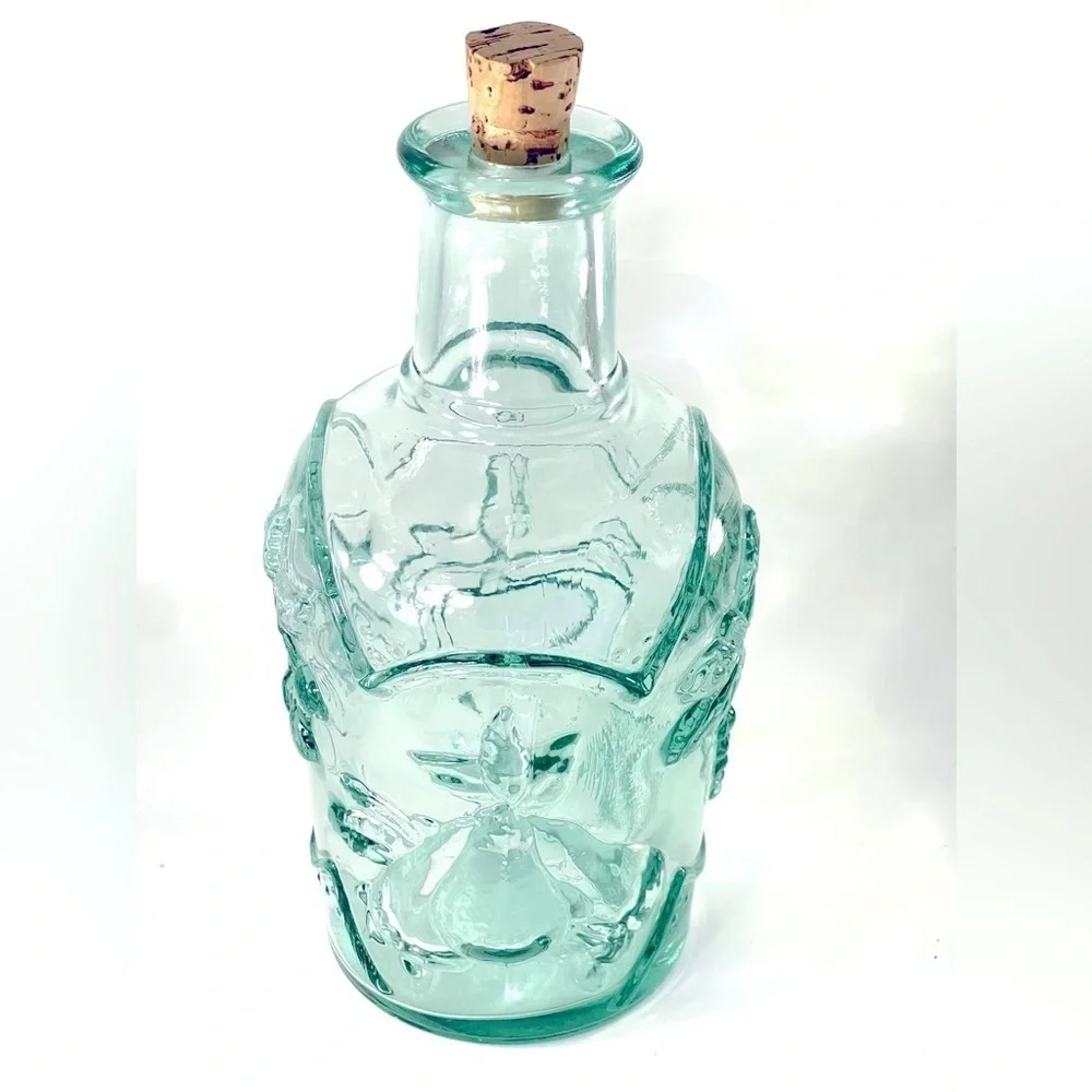 Green Glass Decanter w/ Cork and Canister w/ Bail Fruit Embossed Canada Mod Dep